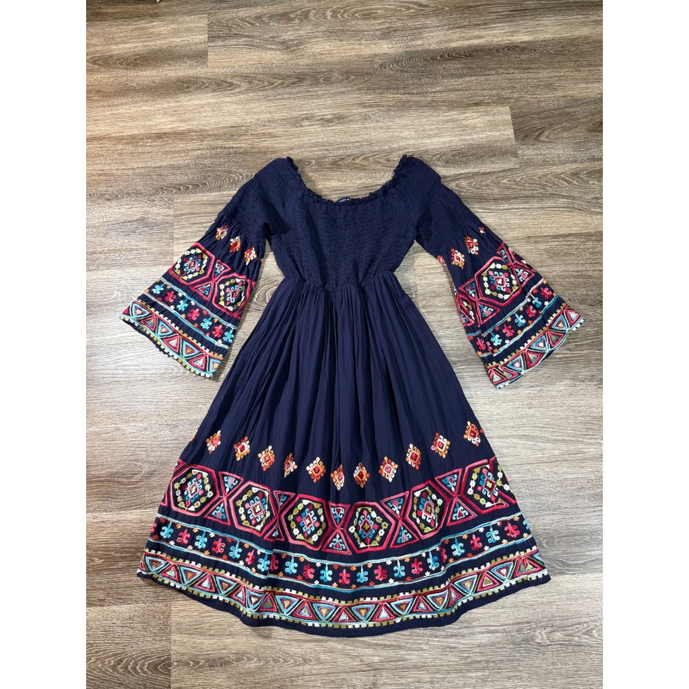 Embroidered Boho Smocked Bell Sleeve Mini Dress Womens S Navy‎ Blue Basil Lola